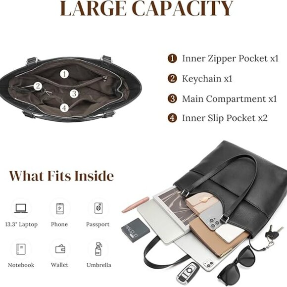 S-ZONE Leather Black Tote Bag for Women - Picture 6 of 7